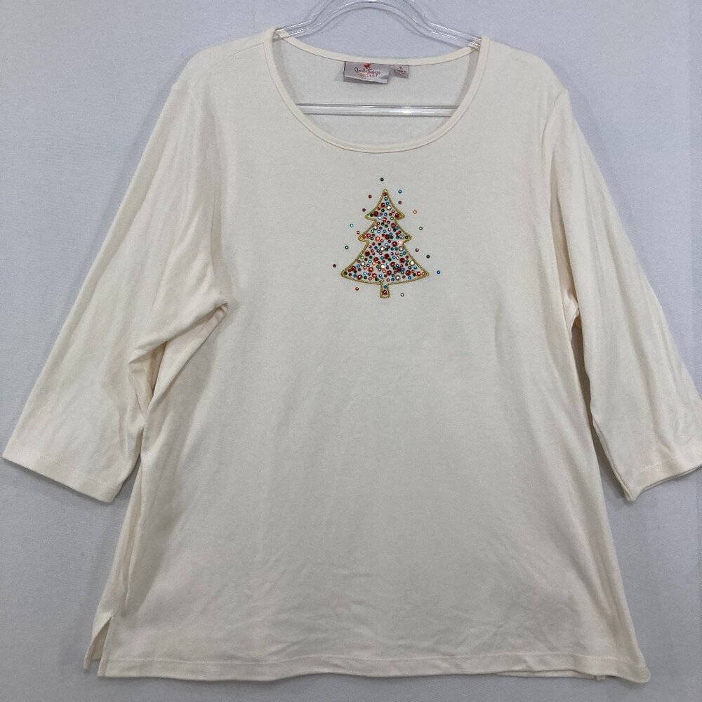 Quacker Factory XL White Cream Beaded Stretch 3/4 Sleeve Pullover Top Holiday